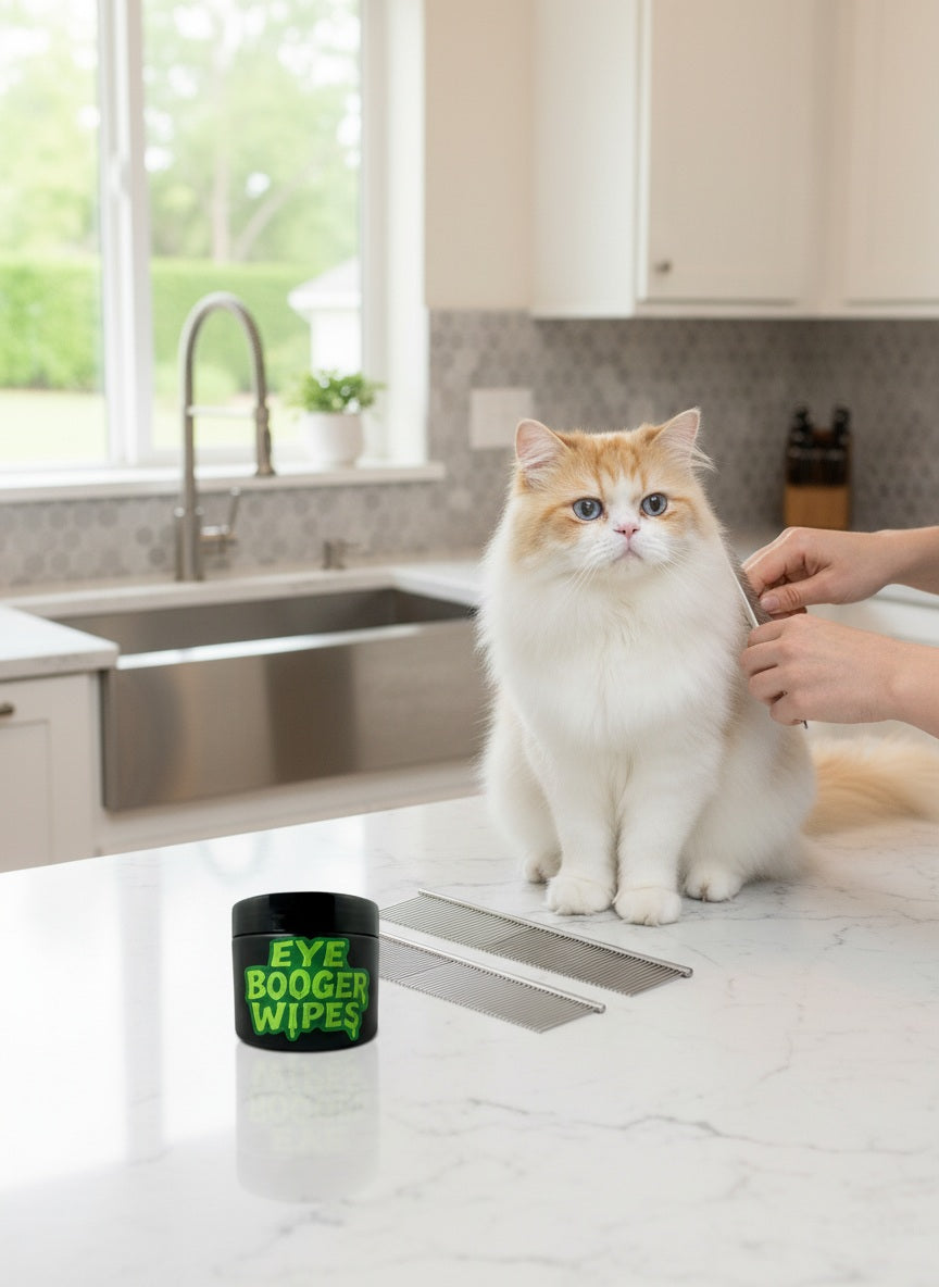 Cat sitting on counter being groomed