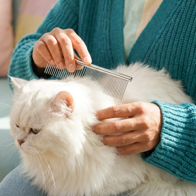Person combing longhair persian cat