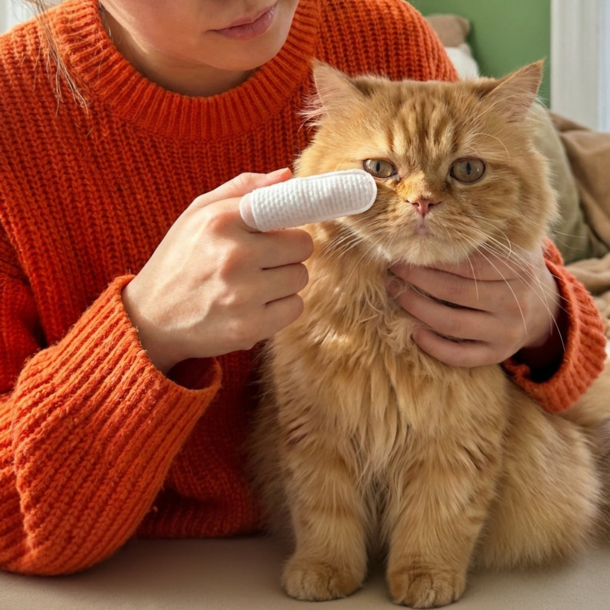A person in an orange knit sweater holds a fluffy orange tabby cat while applying a white eye booger wipe to cats face