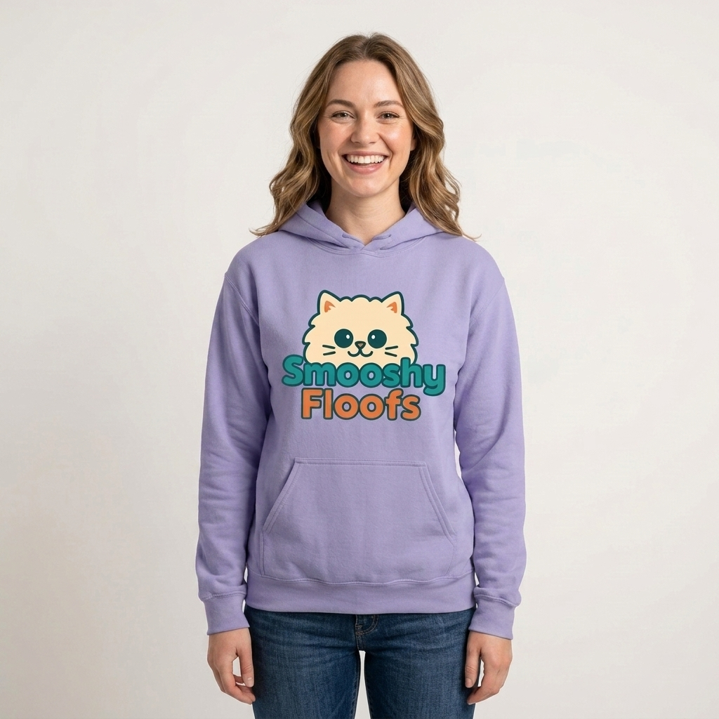 A woman modeling a lavender purple hoodie with a cartoon cat graphic and the text 'Smooshy Floofs' on the front, set against a plain light beige background.