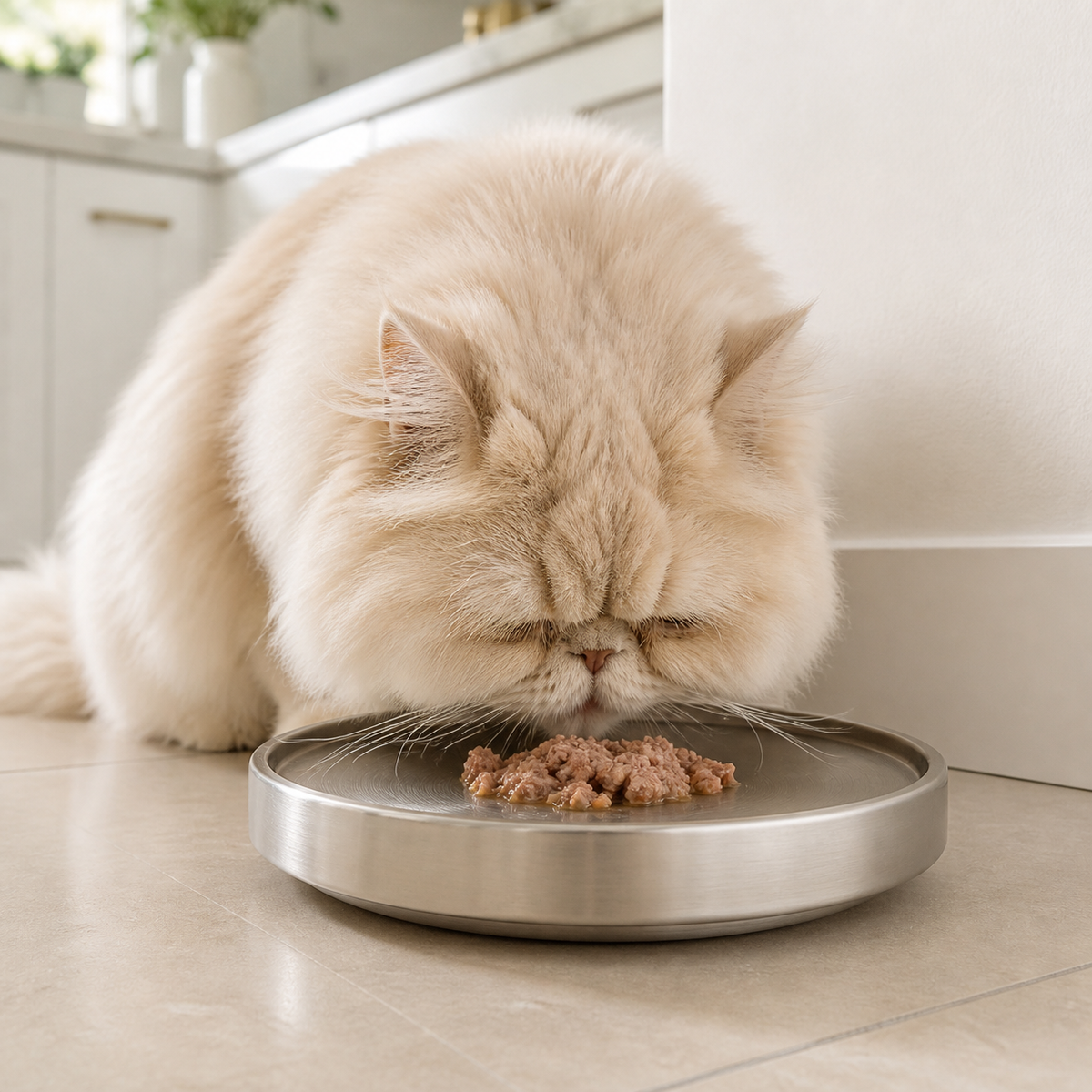 A fluffy cream-colored cat is eating wet food from a round stainless steel plate on a light tile floor in a bright kitchen setting.