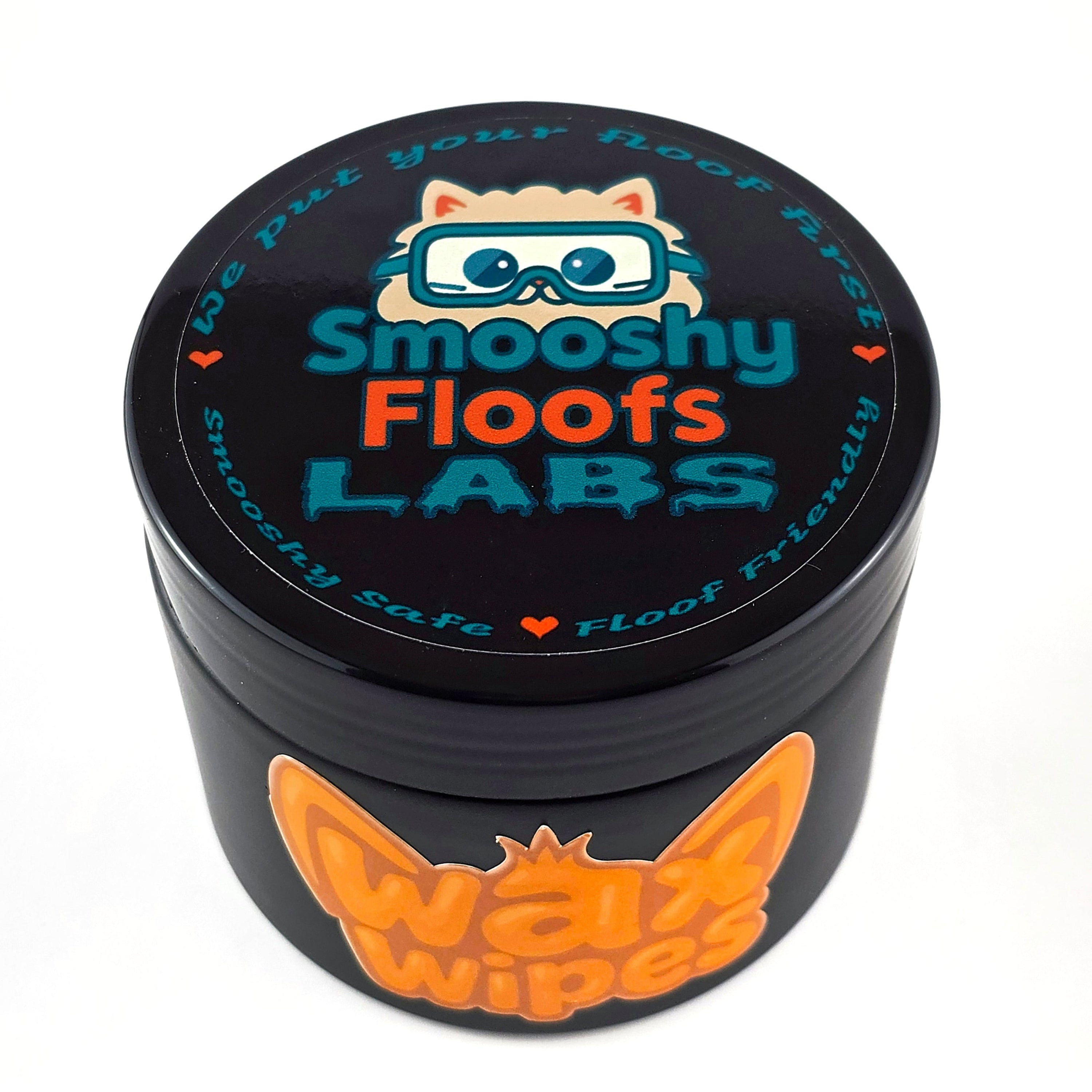 Black container with orange text and graphics for Smooshy Floofs Labs wax wipes on a white background
