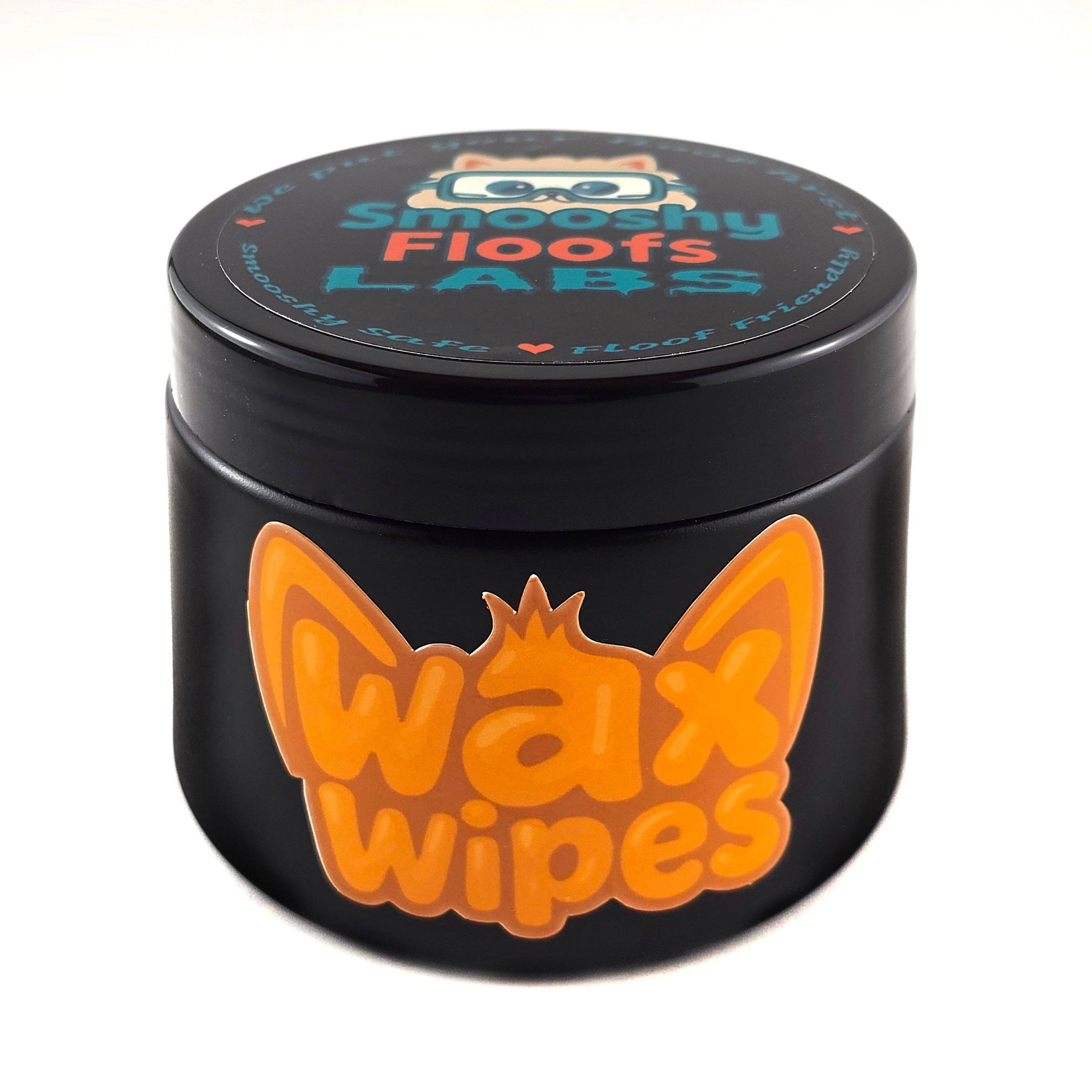 Black container with orange text and graphics for Smooshy Floofs Labs wax wipes on a white background