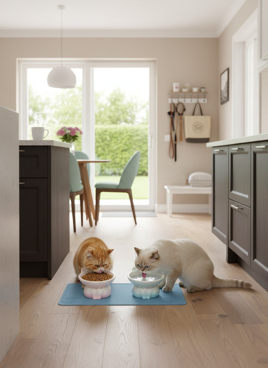 Two cats eating from bowls on a mat in a modern kitchen.
