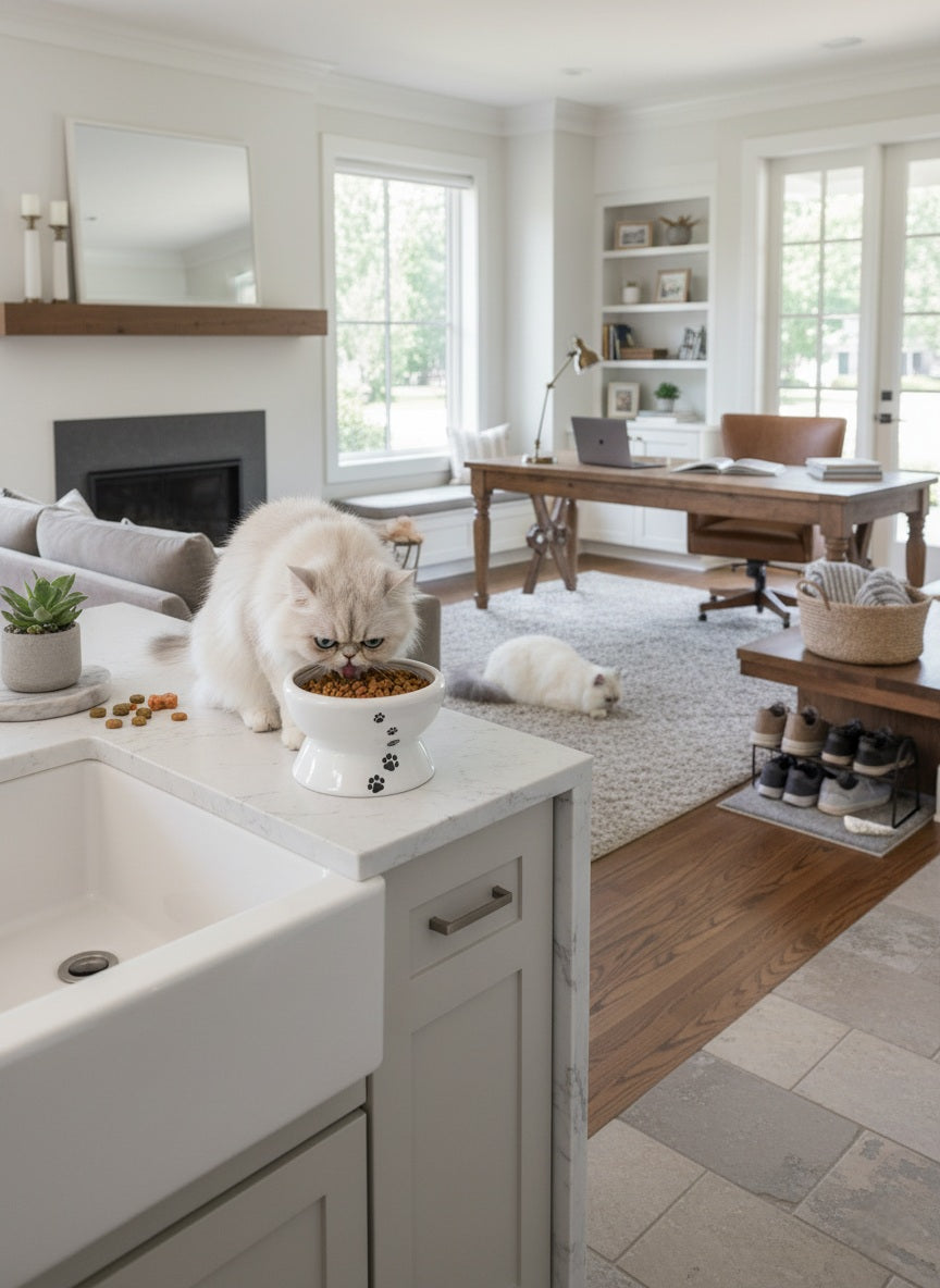 Modern kitchen with white island, wooden desk, and home office setup.