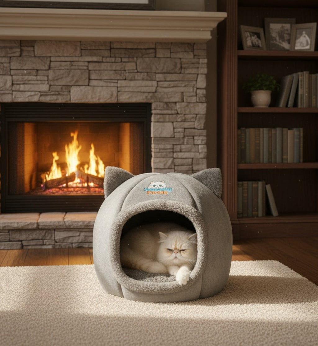 Cat bed with a cat inside in front of a fireplace