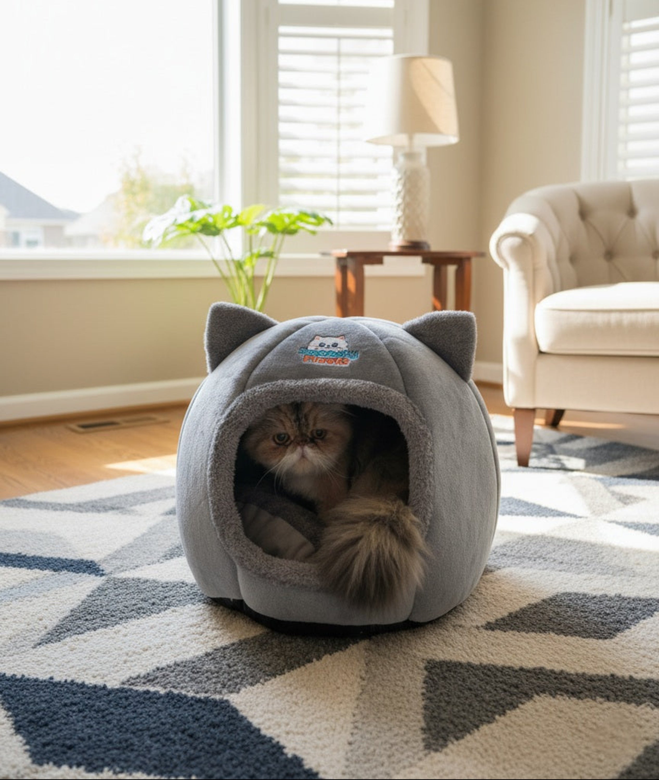 Cat peeking out from a gray pet house with cat ears in a living room.