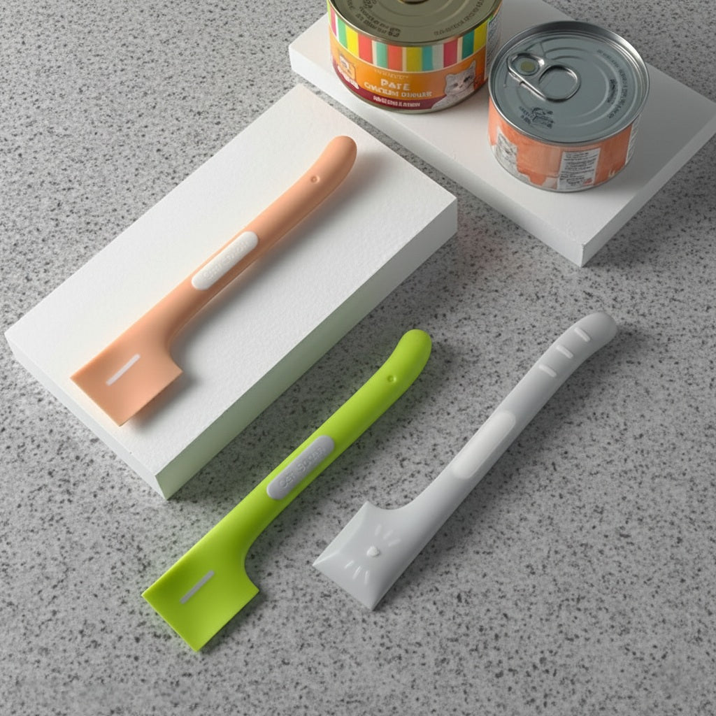 Three colorful kitchen utensils on a gray surface with cans in the background