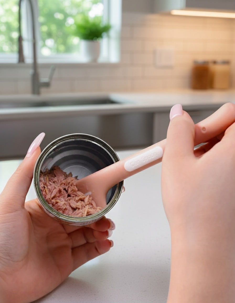 Person holding a can of pet food with a kitchen in the background