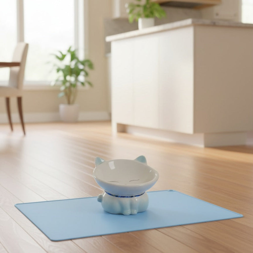 Blue pet water bowl with cat ears on a blue mat in a room with wooden floor and white cabinets.