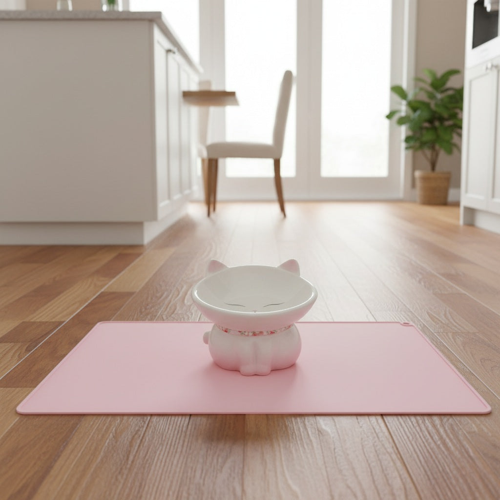 White bowl with pink base on a pink mat in a room with wooden floor and white walls.