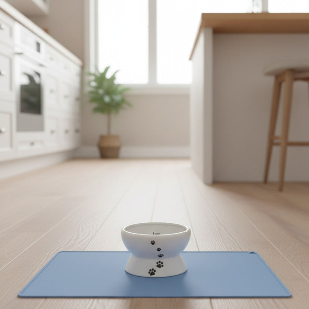White elevated pet bowl with paw prints on a blue mat in a kitchen.