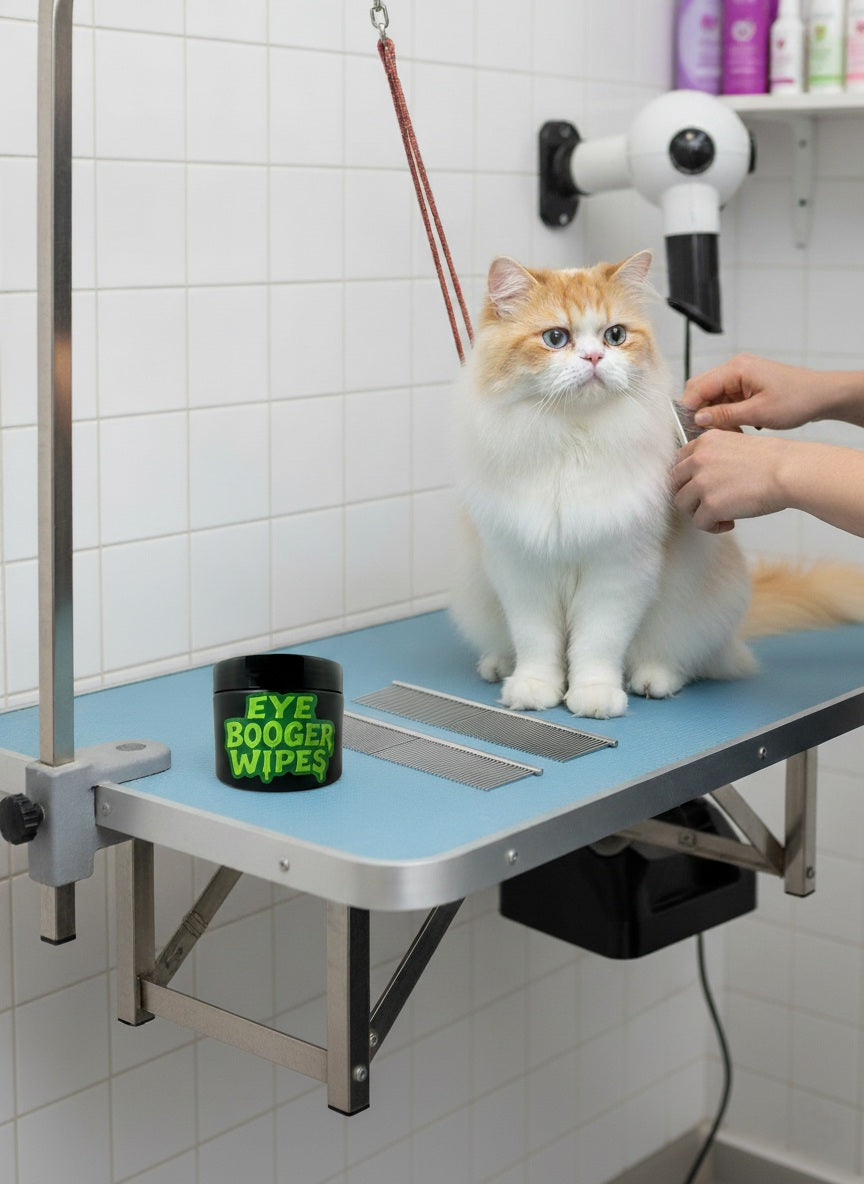 Cat on a grooming table with a 'Eye Booger Wipes' container in a veterinary clinic setting.