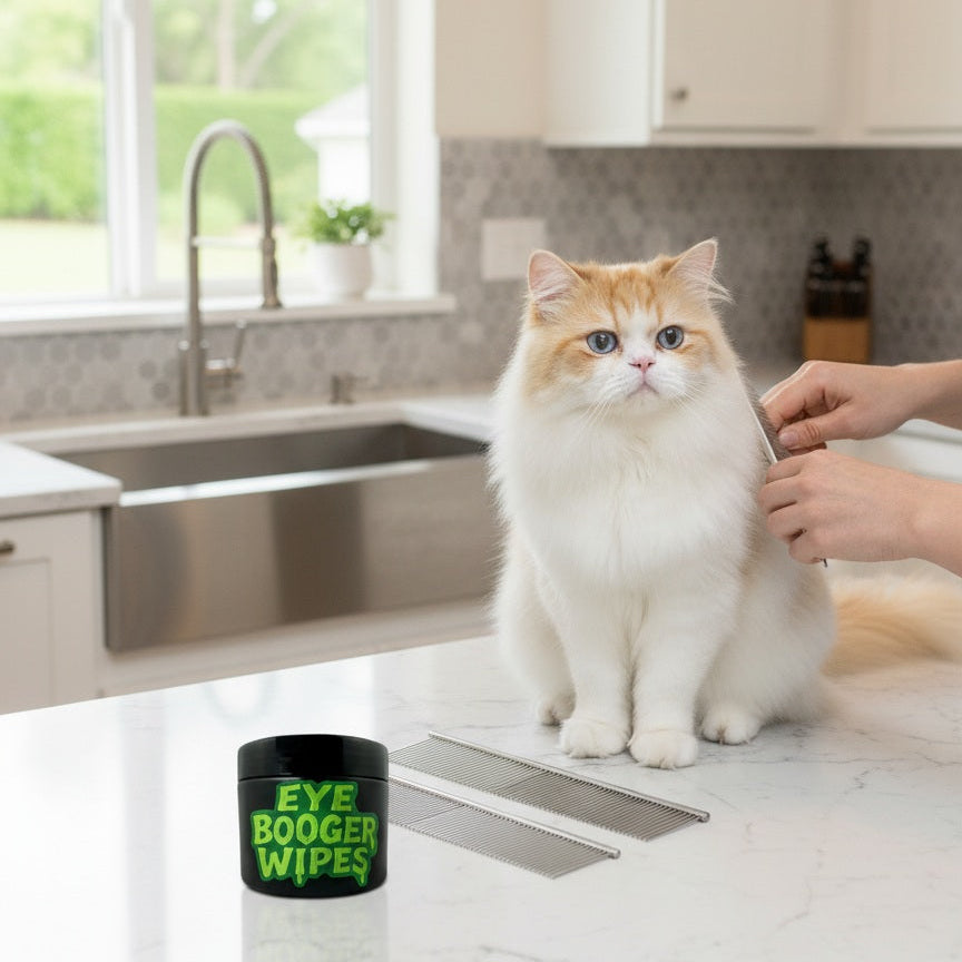 Cat sitting on a kitchen counter with a container of 'Eye Booger Wipes' in the foreground.
