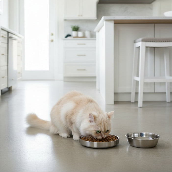 Cat eating from a bowl on a kitchen floor with white cabinets and stools in the background.
