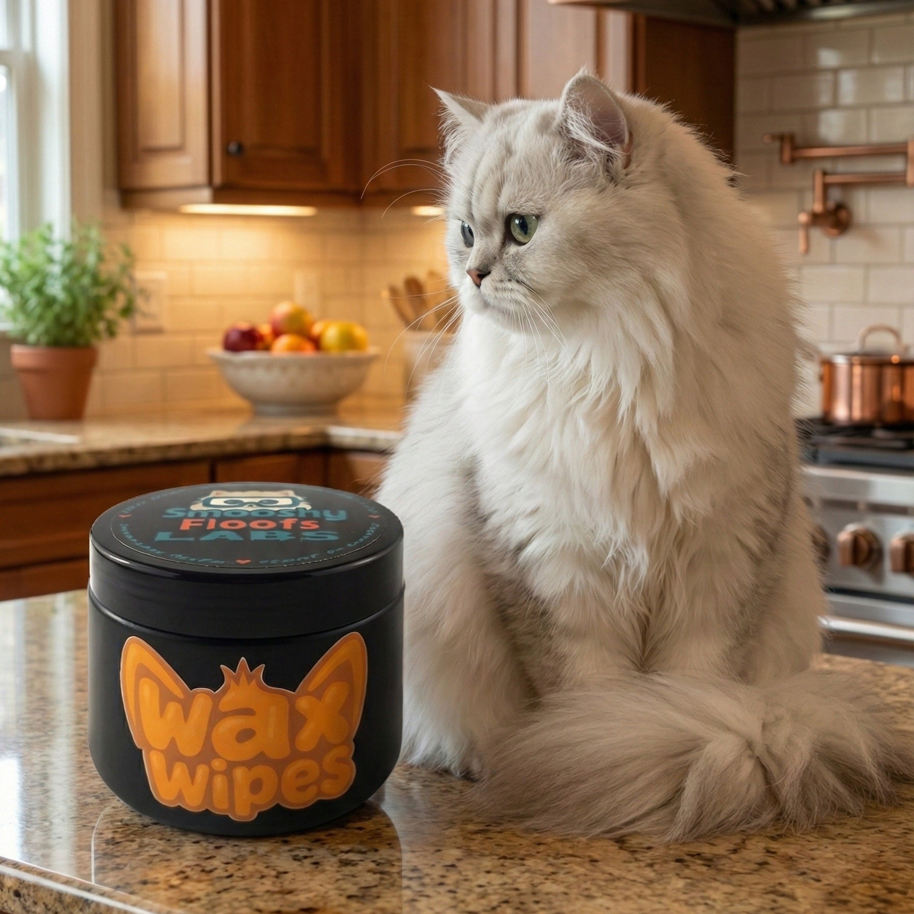 White cat sitting on a kitchen counter next to a container labeled 'Wax Wipes'.