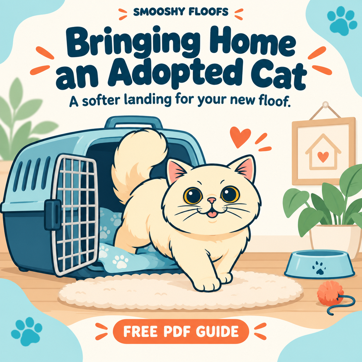 Illustrated cover graphic for a pet guide titled 'bringing home an adopted cat' with the tagline 'a softer landing for your new floof. Link to free PDF guide