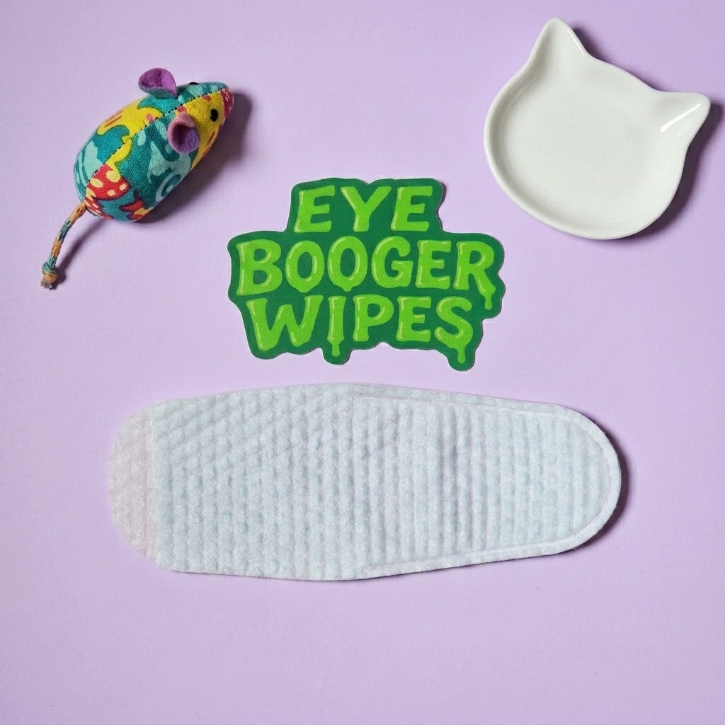 Eye booger wipes set on a light purple background, featuring a textured white wipe pad, a green and yellow 'EYE BOOGER WIPES' sign, a small colorful mouse toy, and a white cat-shaped dish.