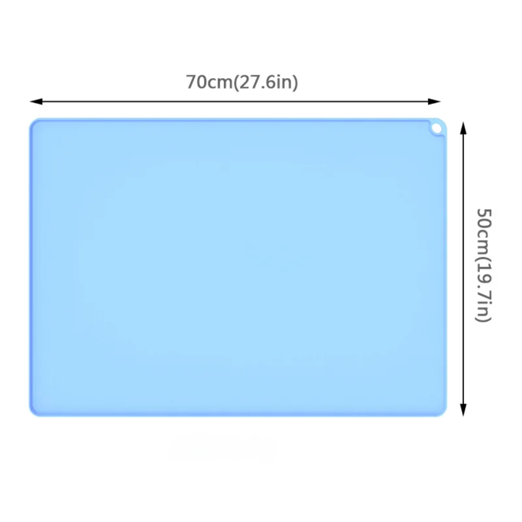 Blue rectangular mat with measurements on a white background