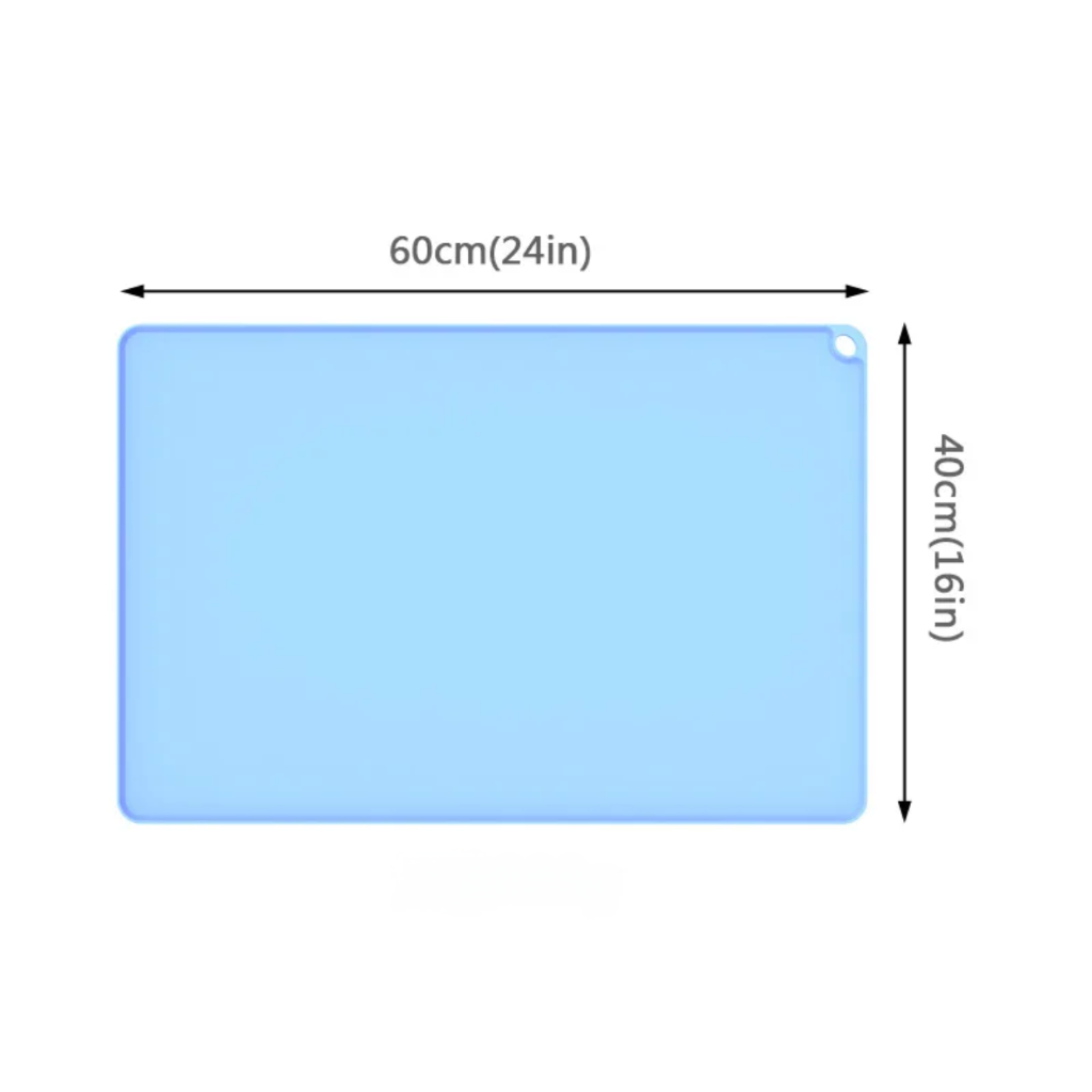 Blue rectangular mat with dimensions labeled on a white background
