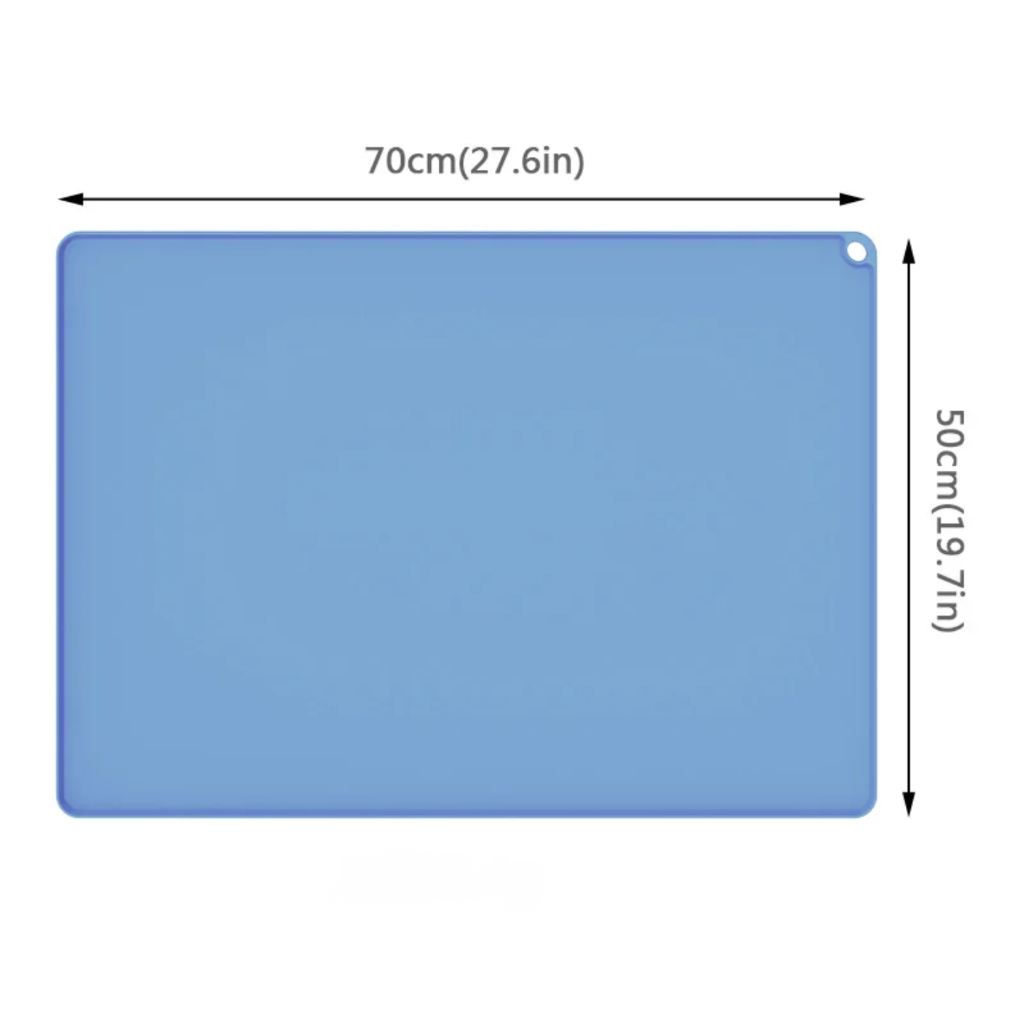Blue rectangular mat with measurements on a white background