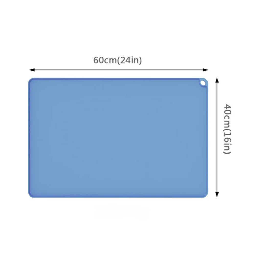 Blue rectangular mat with dimensions labeled on a white background