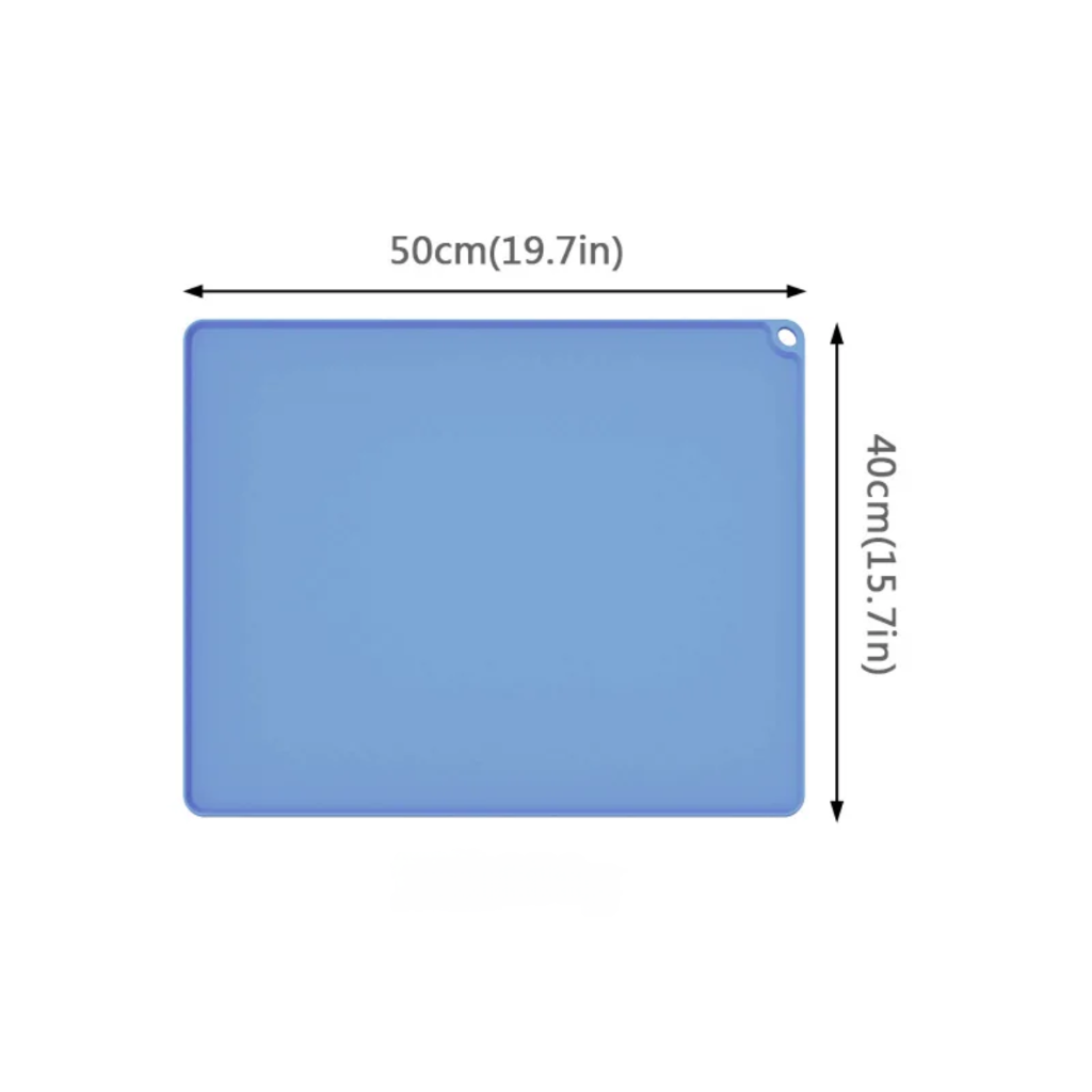 Blue rectangular mat with dimensions labeled on a white background