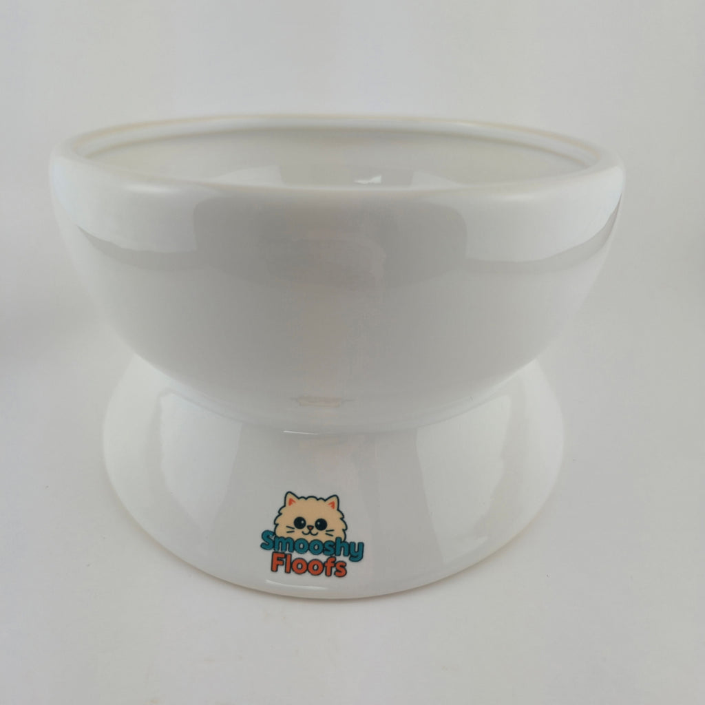 White ceramic bowl with a logo on a white background