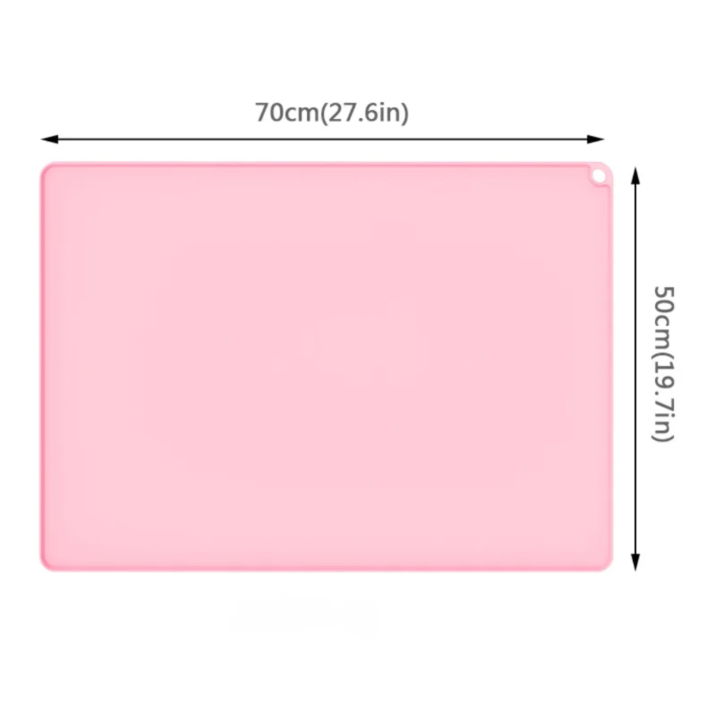 Pink rectangular mat with measurements on a white background
