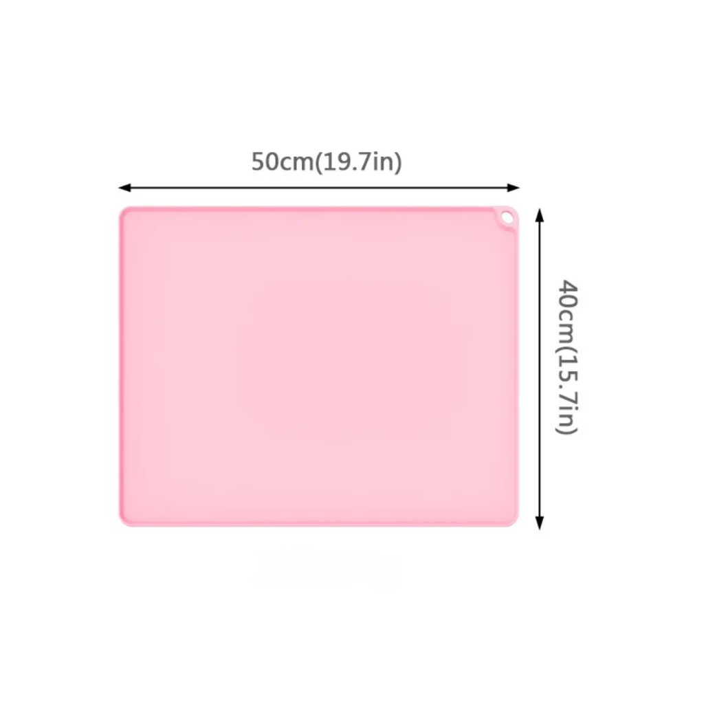 Pink square mat with dimensions labeled on a white background