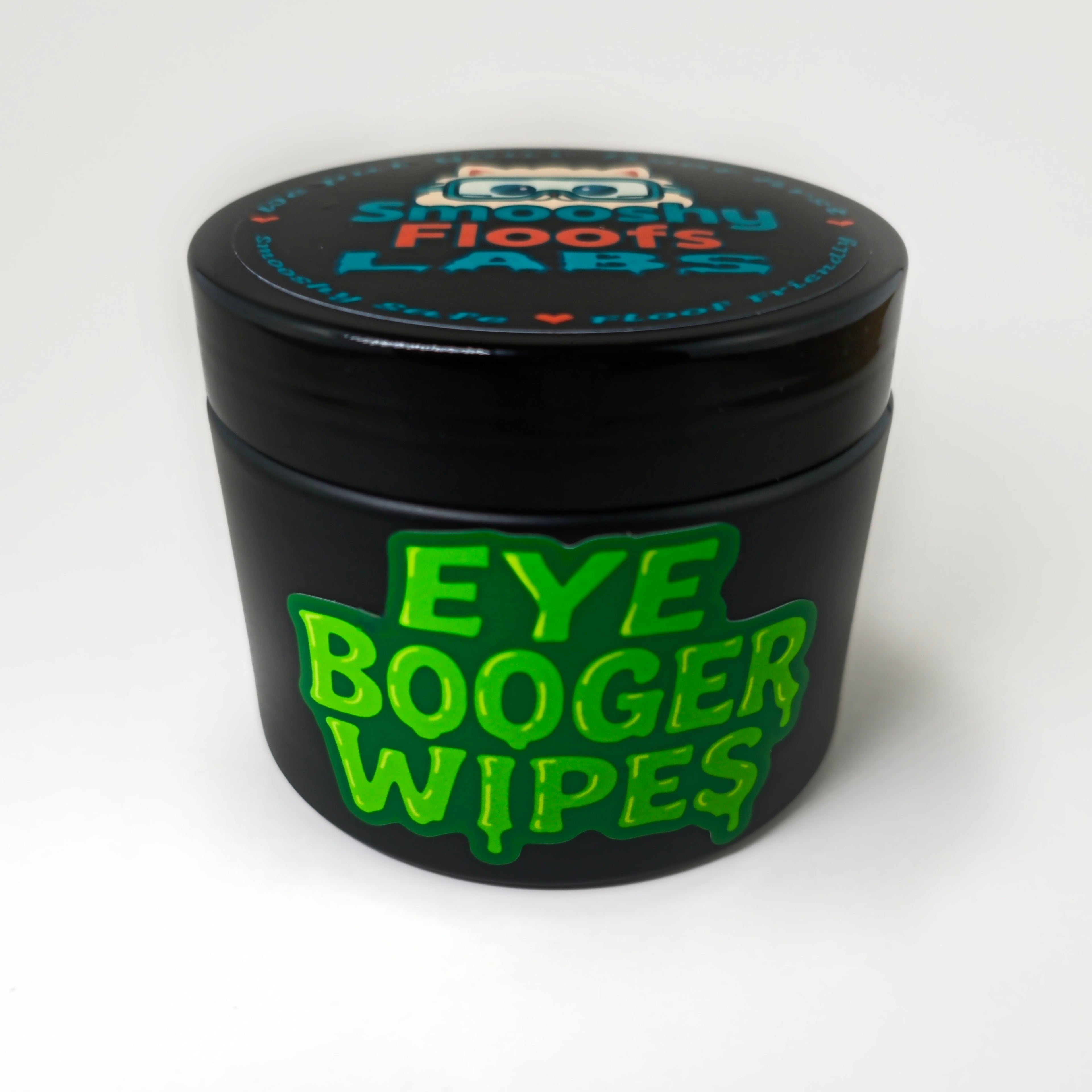 Black container labeled 'Eye Booger Wipes' with green text on a white background