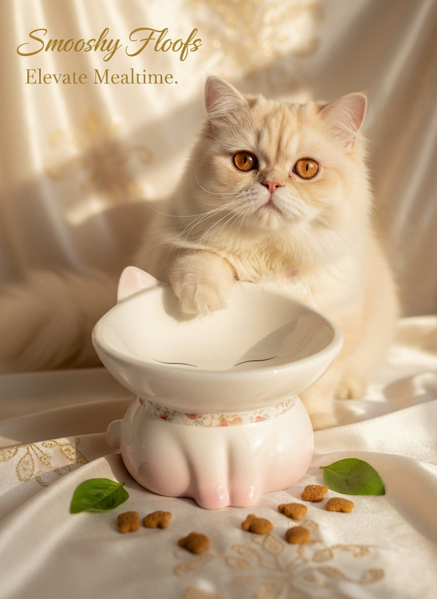 Cat sitting on a white ceramic pet feeder with 'Smooshy Floofs' text above.