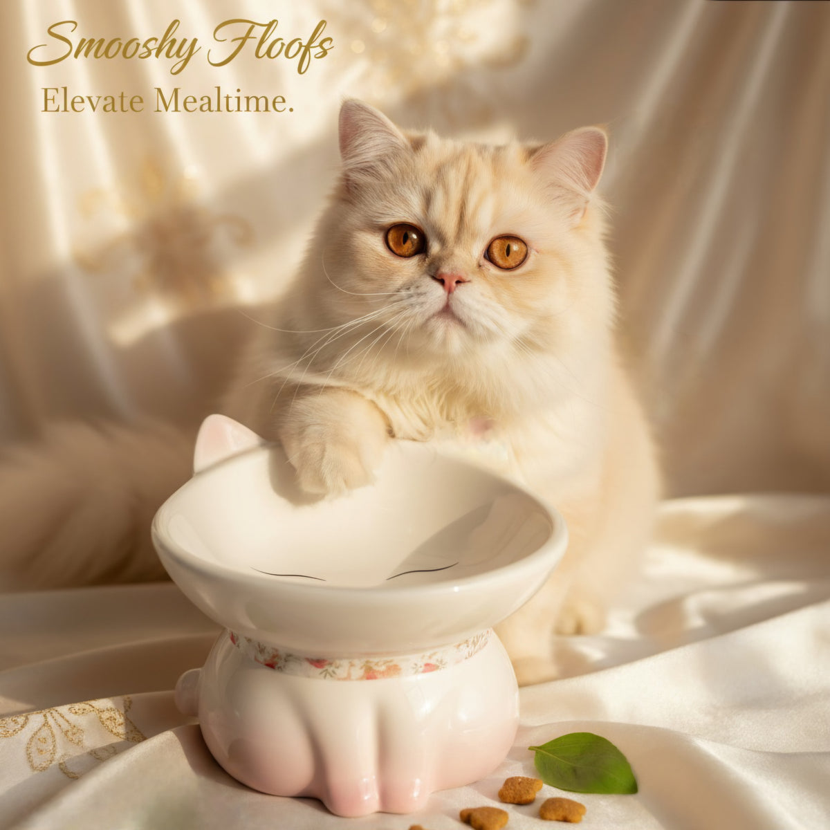 Cream Persian cat behind pink Smooshy Floofs elevated ceramic cat bowl