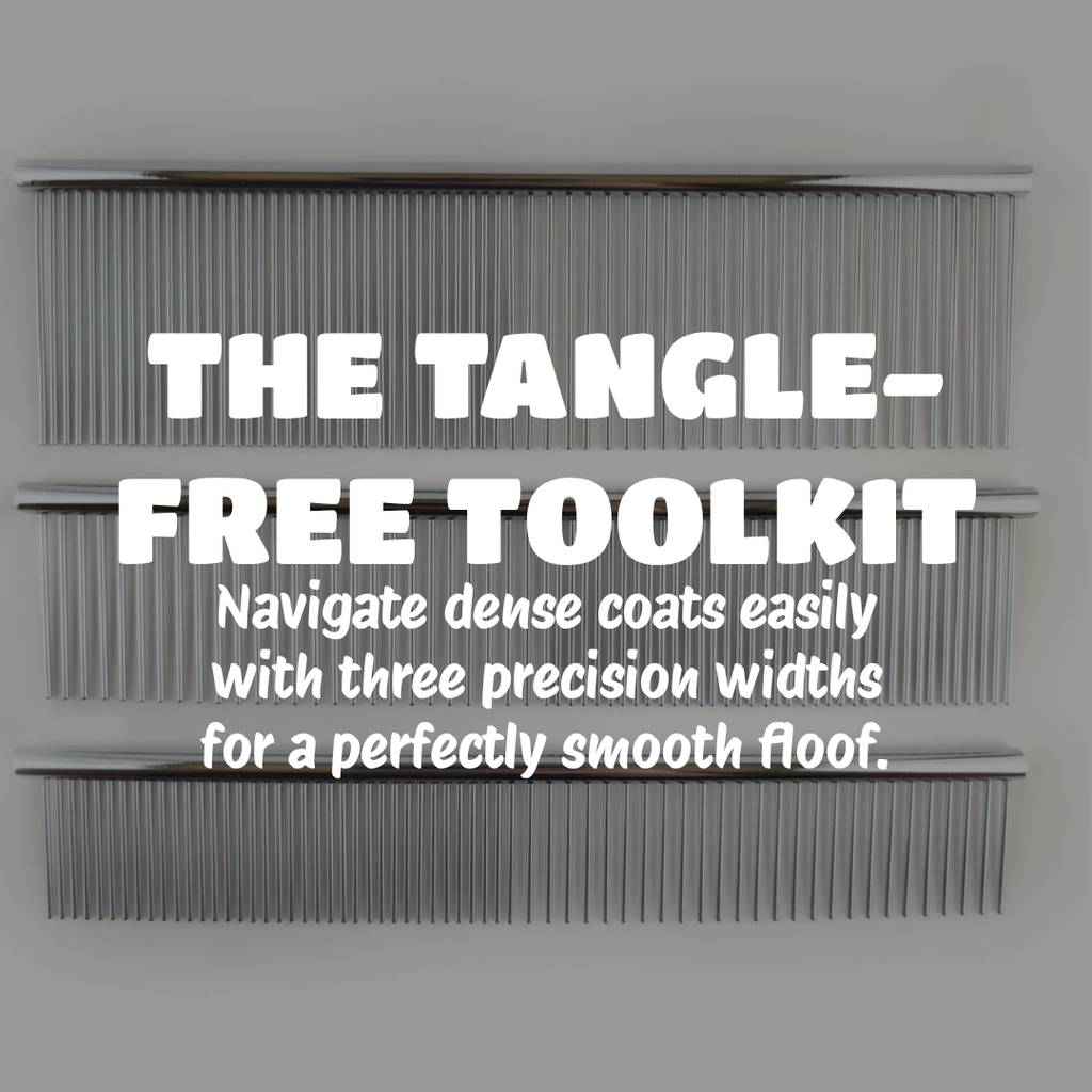Display showing three metallic comb-like strips with large white text reading 'THE TANGLE-FREE TOOLKIT' and smaller descriptive text below.