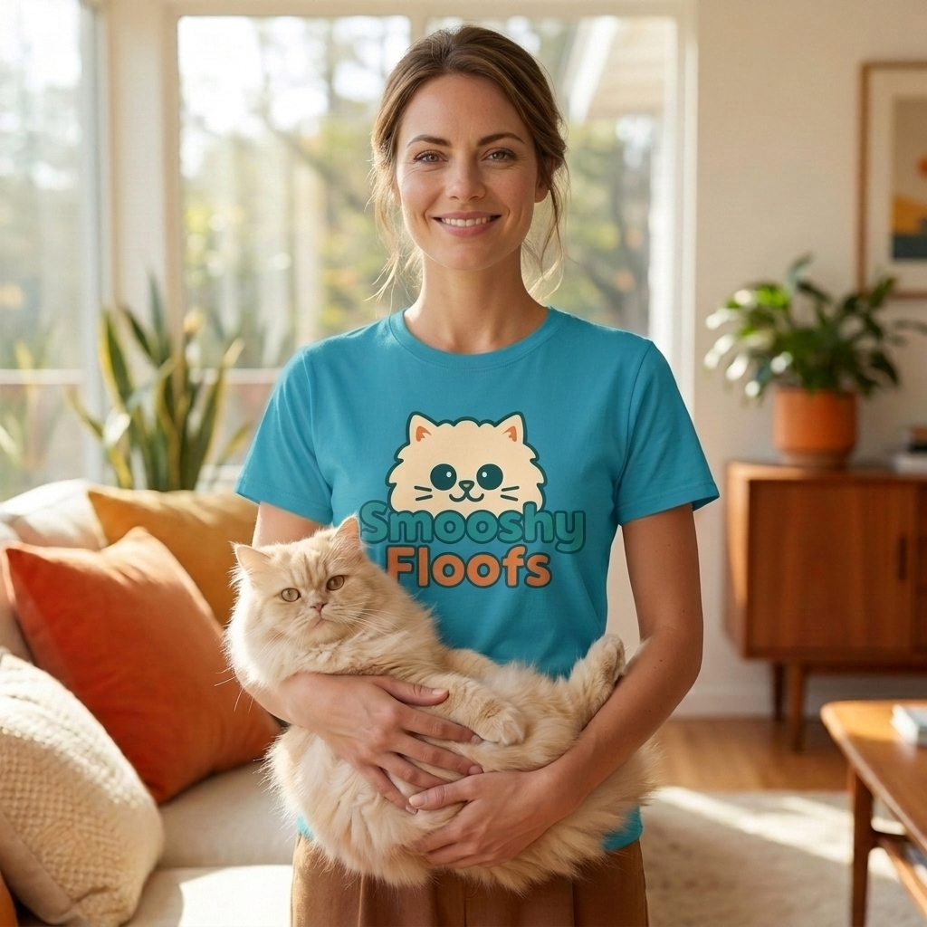 A woman in a bright blue t-shirt holding a fluffy cream-colored cat in a cozy living room. The t-shirt features a graphic of a smiling cream cat with the text 'Smooshy Floofs'.