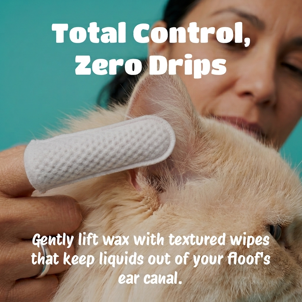 woman using a textured finger wipe to clean a cream colored cats ear