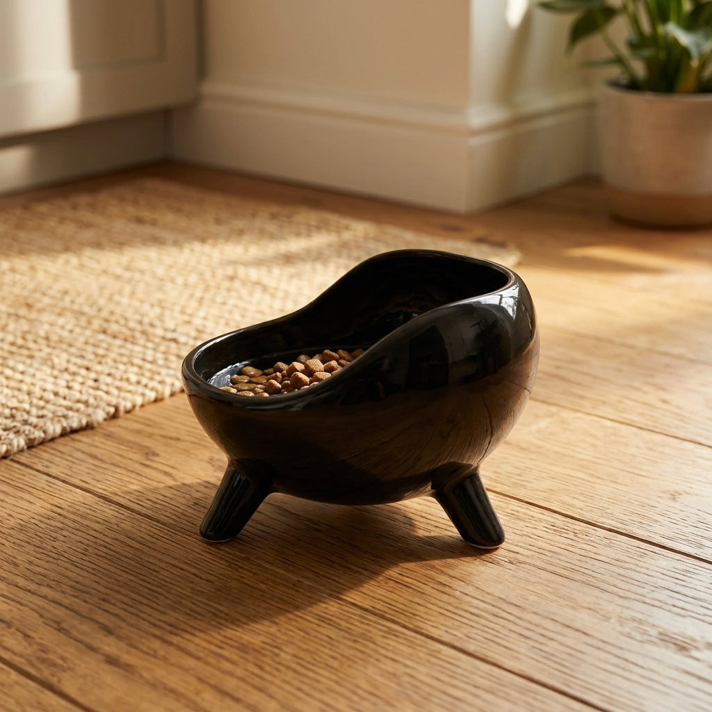 Black bowl  with cat kibble on hard wood floor