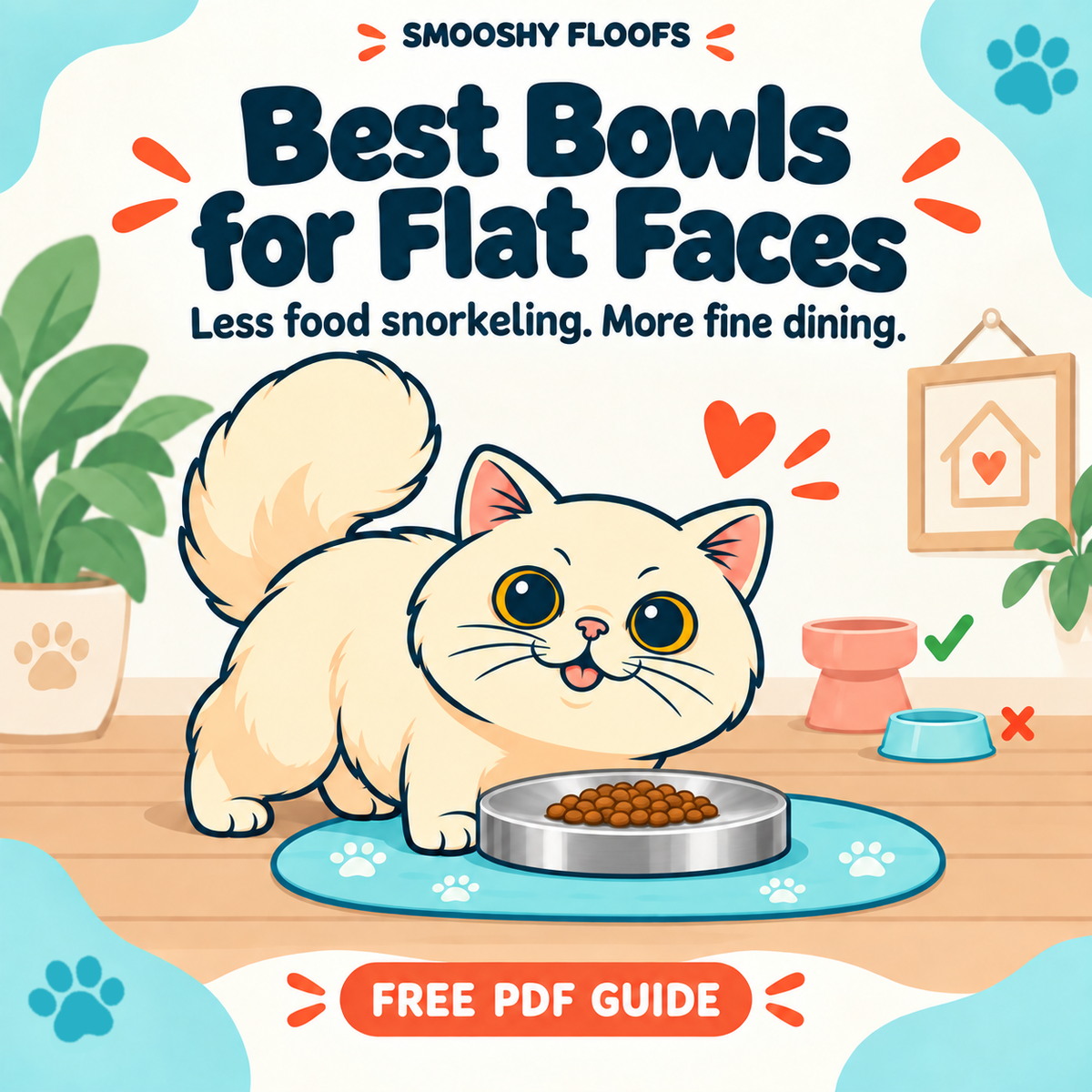 Illustrated cover graphic for a pet guide titled 'best bowl for flat faces with the tagline 'Less food snorkeling more fine dining Link to free PDF guide