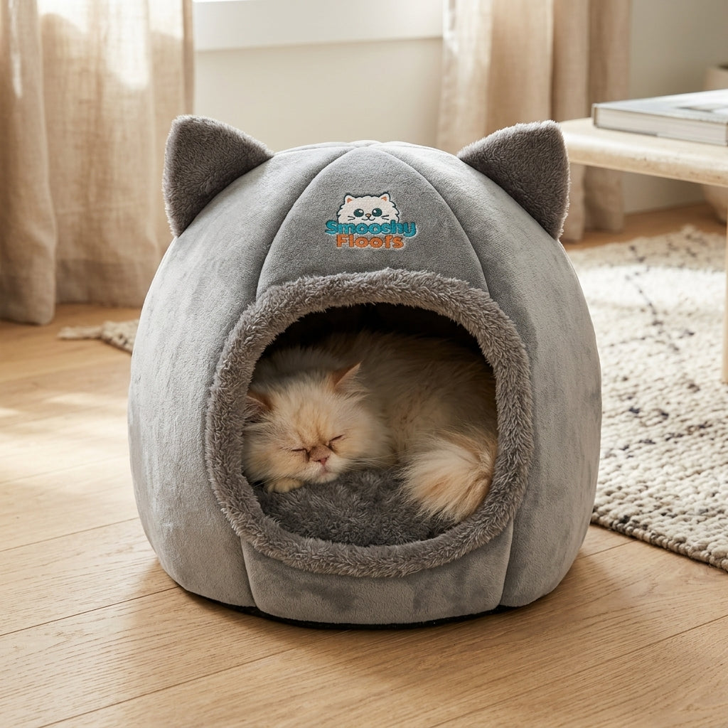 A fluffy cream-colored cat is sleeping inside a gray plush cat house bed with ear tips and a fuzzy opening, placed on a wooden floor in a softly lit room.