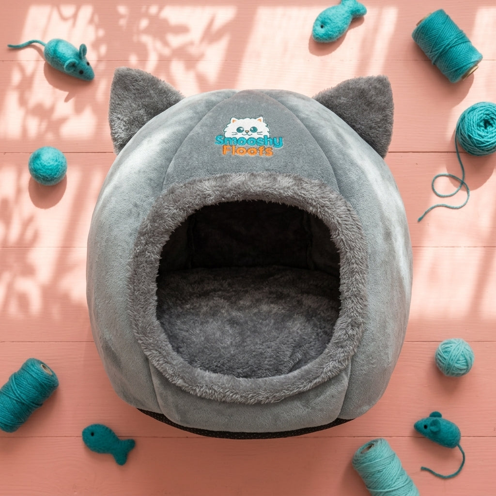 Gray Smooshy Floofs Cozy Cave plush cat bed for Persian and flat-faced cats