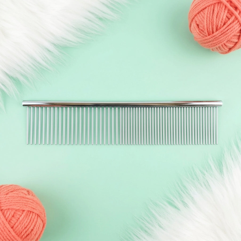 A silver metal hair comb laid horizontally on a mint green background, styled with white faux fur and coral pink yarn balls in the corners.