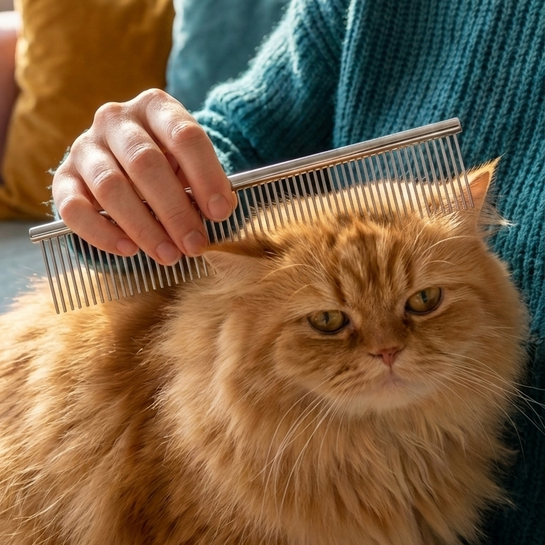 A close-up of a fluffy orange cat being brushed with a silver metal comb by a person wearing a teal knit sweater.