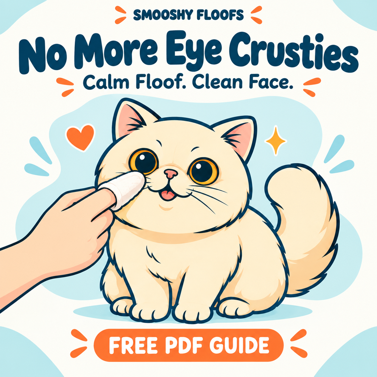 Illustrated cover graphic for a pet grooming guide titled 'no more eye crusties' with the tagline 'calm floof clean face Link to free PDF guide