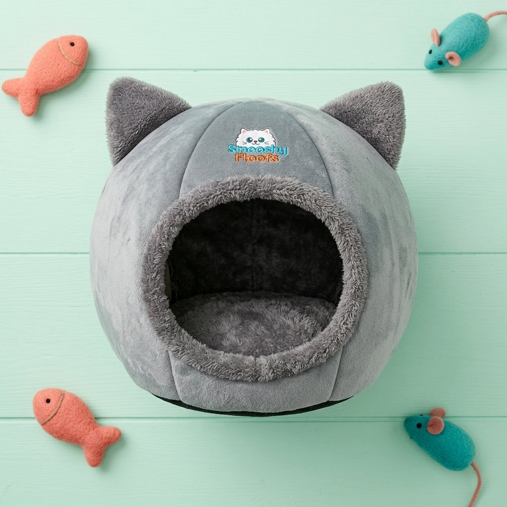 A round gray cat-shaped pet bed with plush ears and a fuzzy opening, styled on a mint green wooden background with small toy fish and mouse props around it.