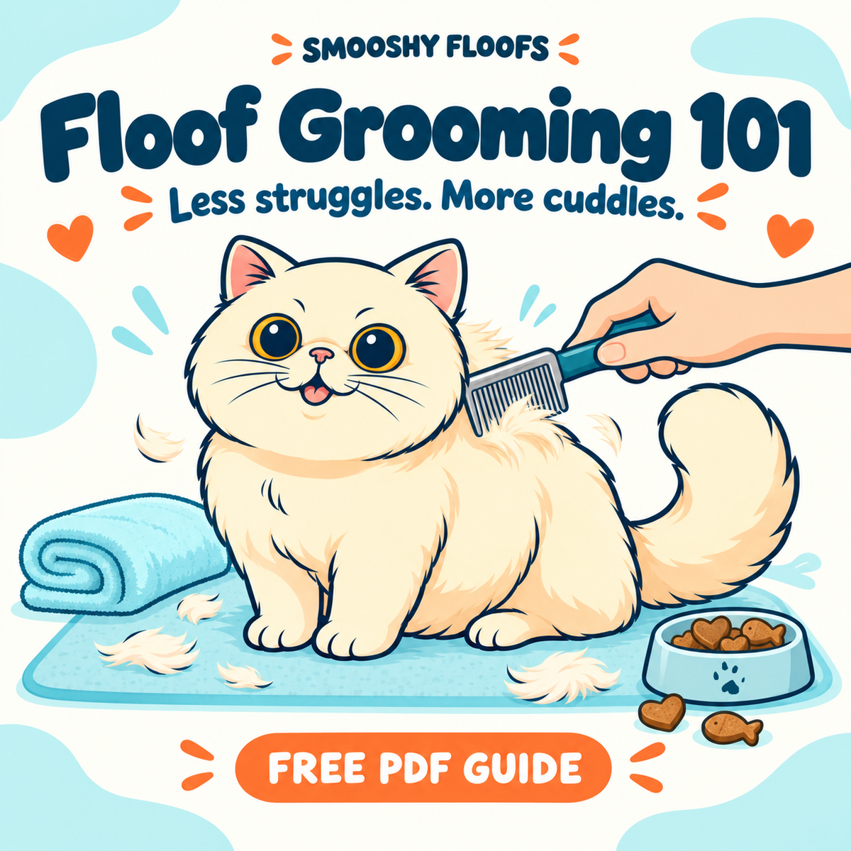 Illustrated cover graphic for a pet grooming guide titled 'Floof Grooming 101' with the tagline 'Less struggles. More cuddles. Link to free PDF guide