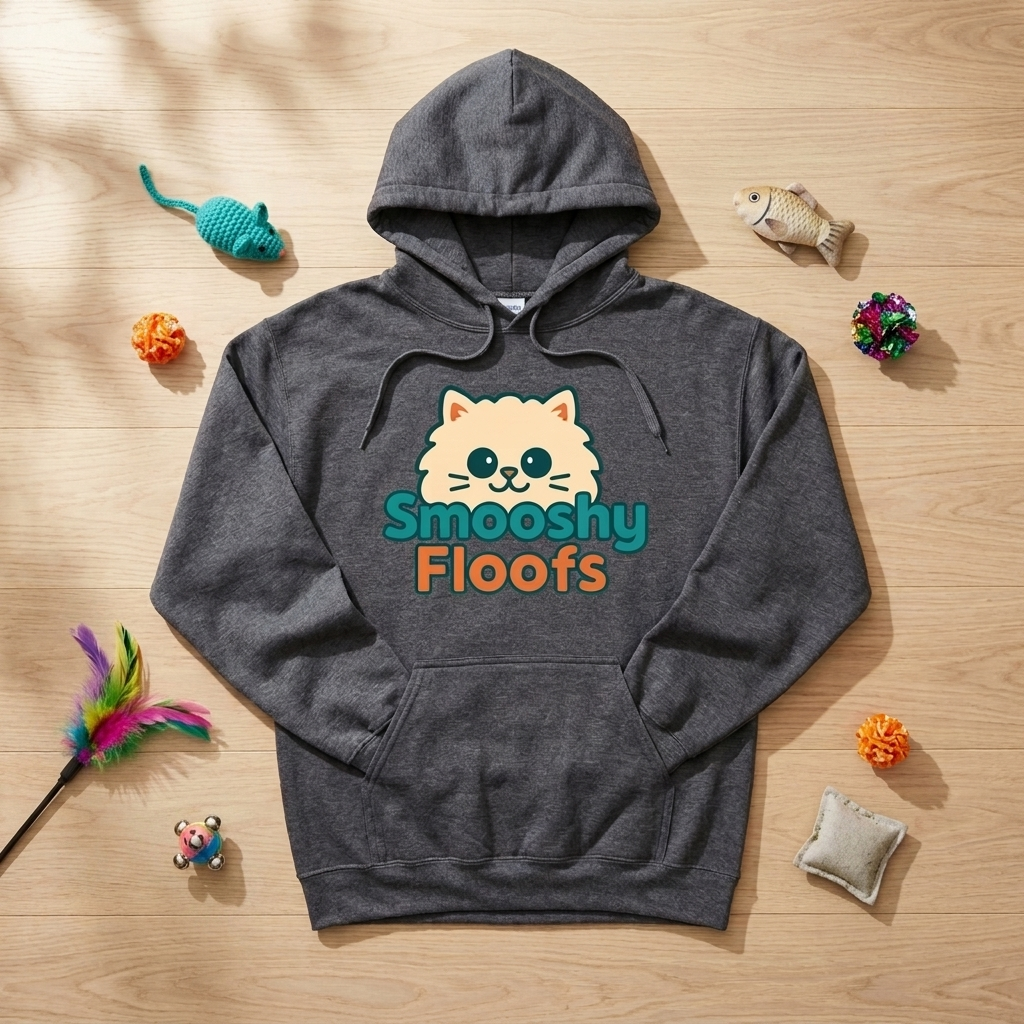 A dark heather gray hoodie laid flat on a light wood surface, featuring a cartoon cat face and the words 'Smooshy Floofs' in teal and orange. Small pet toys are scattered around the hoodie as styled props.