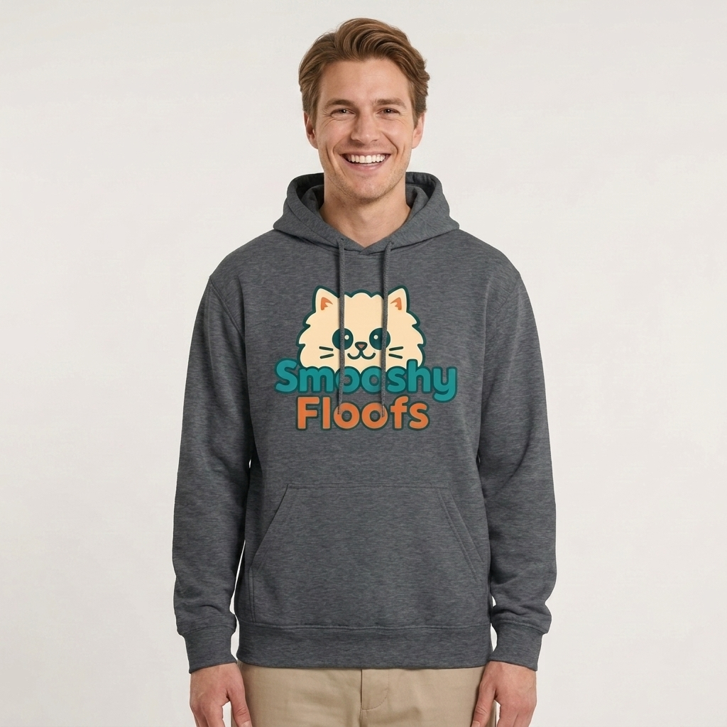 A man wearing a dark heather gray hoodie with a cartoon cat face and the text 'Smooshy Floofs' printed on the chest, paired with beige pants, against a plain light background.