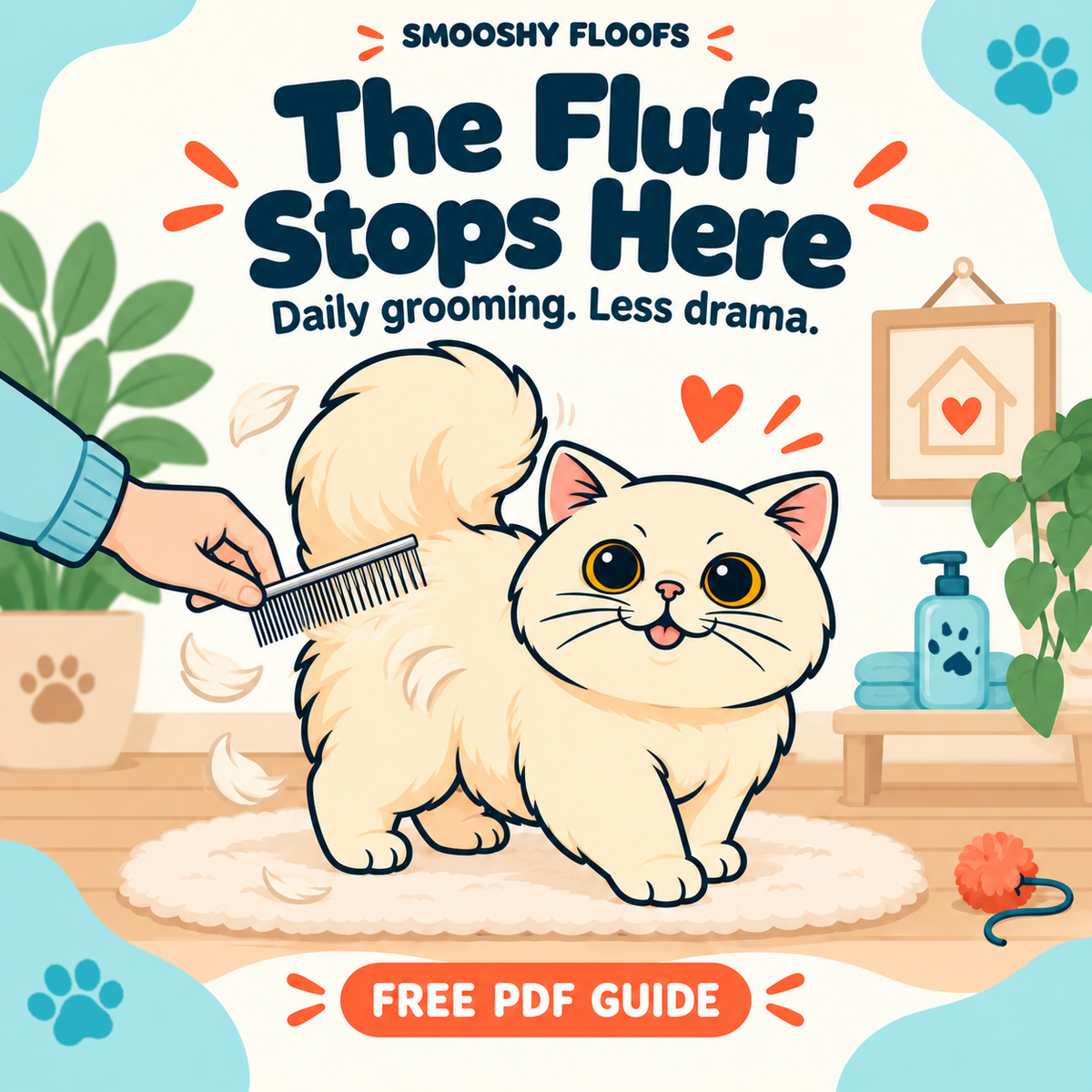 Illustrated cover graphic for a pet grooming guide titled 'the fluff stops here' with the tagline 'daily grooming less drama. Link to free PDF guide