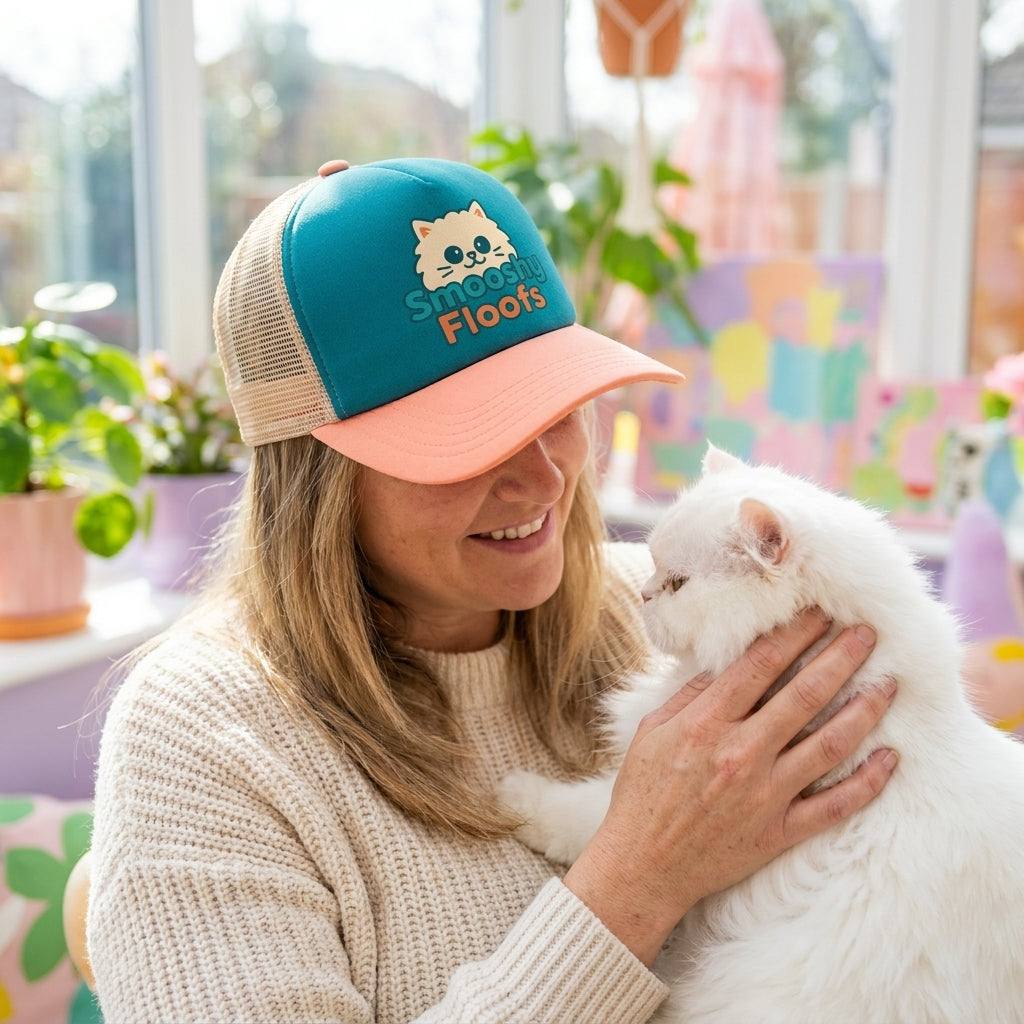 A woman wearing a teal and peach trucker hat with a 'Smooshy Floofs' cat logo is smiling while holding a fluffy white cat in a brightly lit room.