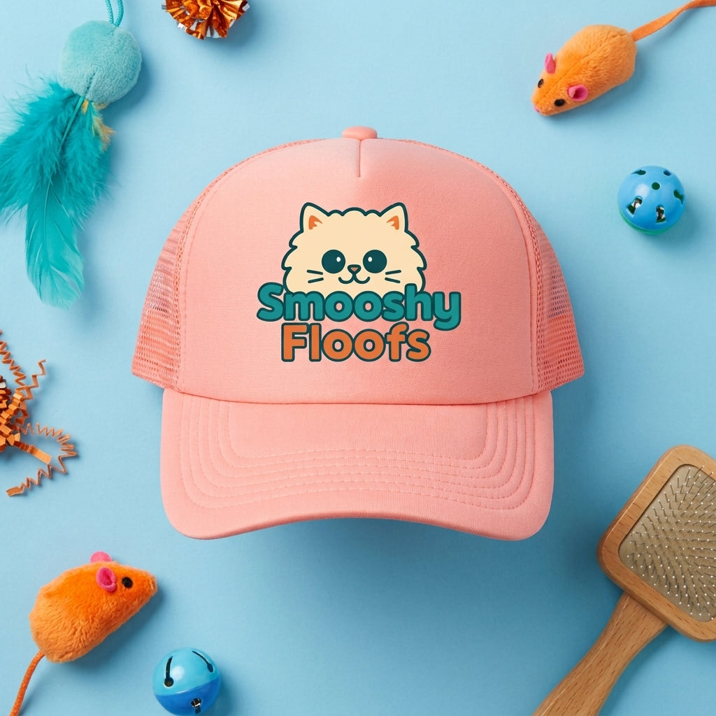 A pink trucker-style cap with a cartoon cat face and the words 'Smooshy Floofs' on the front, shown on a light blue background with playful pet toys around it.